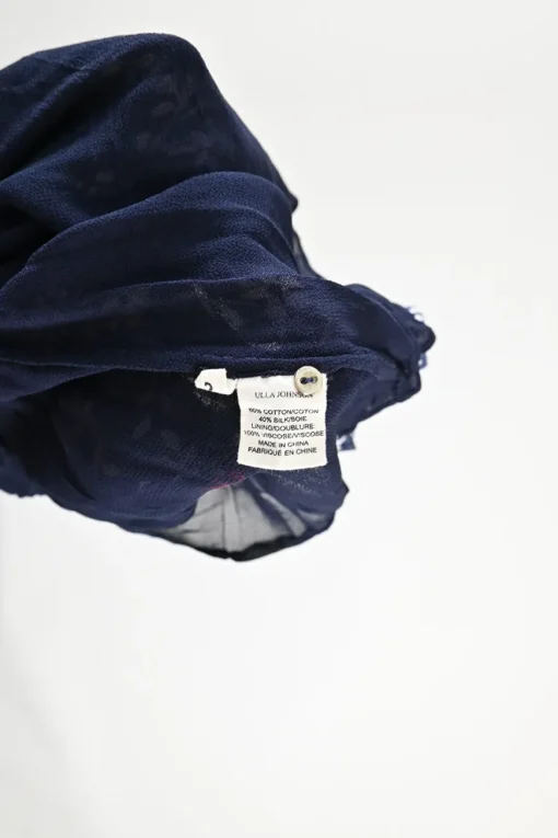 Navy crinkle silk-blend floral print tiered plunge neck camisole with adjustable tassel-trimmed tie straps