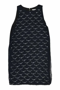 Navy crystal-embellished silk paneled racerback shift dress with vented sides