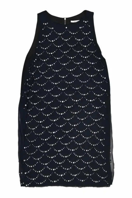 Navy crystal-embellished silk paneled racerback shift dress with vented sides