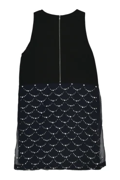 Navy crystal-embellished silk paneled racerback shift dress with vented sides