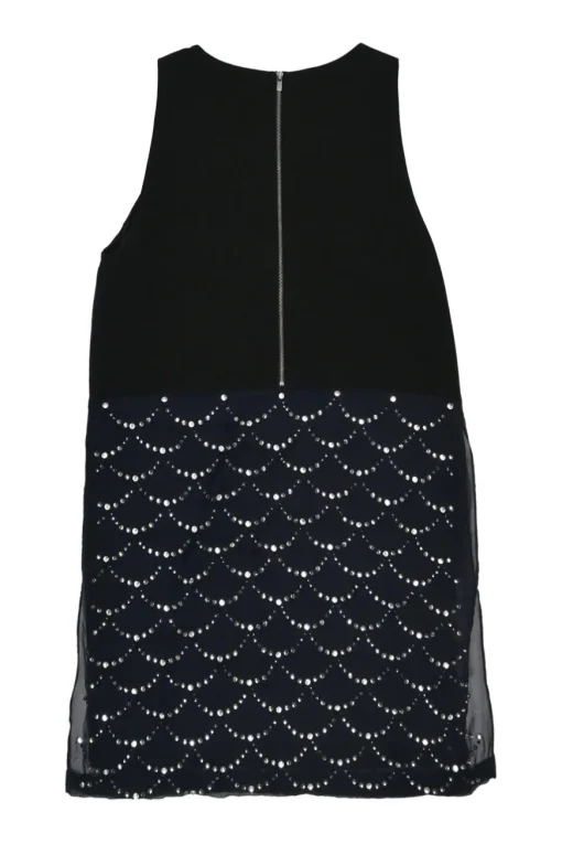 Navy crystal-embellished silk paneled racerback shift dress with vented sides