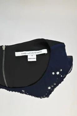 Navy crystal-embellished silk paneled racerback shift dress with vented sides