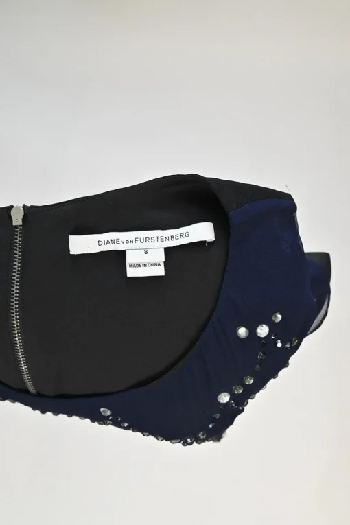 Navy crystal-embellished silk paneled racerback shift dress with vented sides