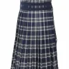 Navy cupro mixed-media bi-layer effect Glen check asymmetric knife-pleat midi A-line skirt