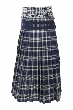 Navy cupro mixed-media bi-layer effect Glen check asymmetric knife-pleat midi A-line skirt