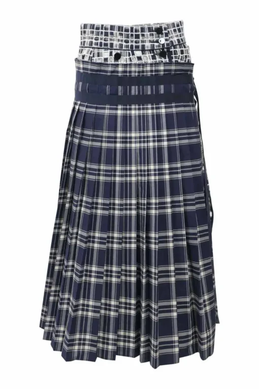 Navy cupro mixed-media bi-layer effect Glen check asymmetric knife-pleat midi A-line skirt