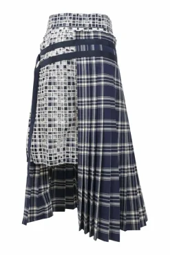 Navy cupro mixed-media bi-layer effect Glen check asymmetric knife-pleat midi A-line skirt