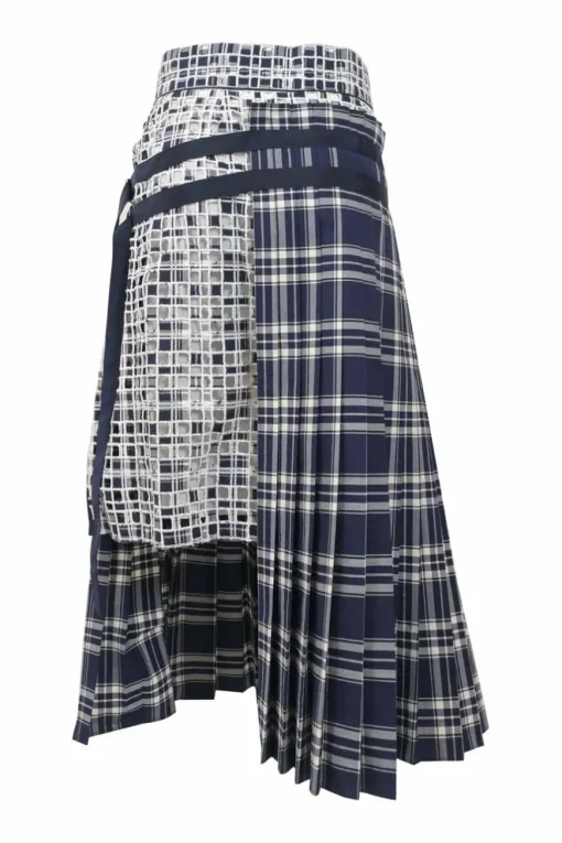 Navy cupro mixed-media bi-layer effect Glen check asymmetric knife-pleat midi A-line skirt