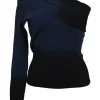 Navy dip-dyed viscose-blend one-shoulder plissé knit top