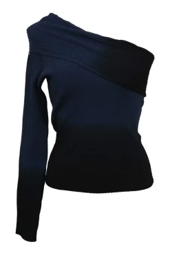 Navy dip-dyed viscose-blend one-shoulder plissé knit top