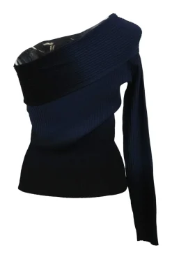 Navy dip-dyed viscose-blend one-shoulder plissé knit top