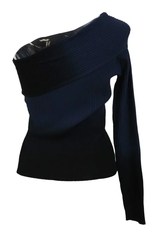 Navy dip-dyed viscose-blend one-shoulder plissé knit top