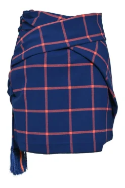 Navy draped polyester-blend windowpane plaid wrap-effect foulard pencil skirt