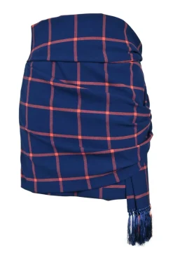 Navy draped polyester-blend windowpane plaid wrap-effect foulard pencil skirt