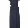 Navy draped silk bateau neck pintuck gown with flutter sleeves and portrait back