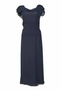 Navy draped silk bateau neck pintuck gown with flutter sleeves and portrait back