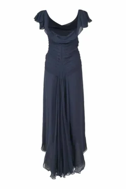 Navy draped silk bateau neck pintuck gown with flutter sleeves and portrait back
