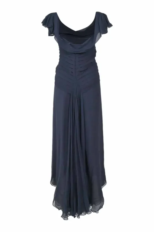 Navy draped silk bateau neck pintuck gown with flutter sleeves and portrait back