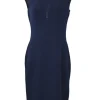Navy draped wool-blend bouclé knit draped cowl portrait collar sleeveless sheath dress