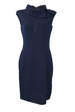 Navy draped wool-blend bouclé knit draped cowl portrait collar sleeveless sheath dress