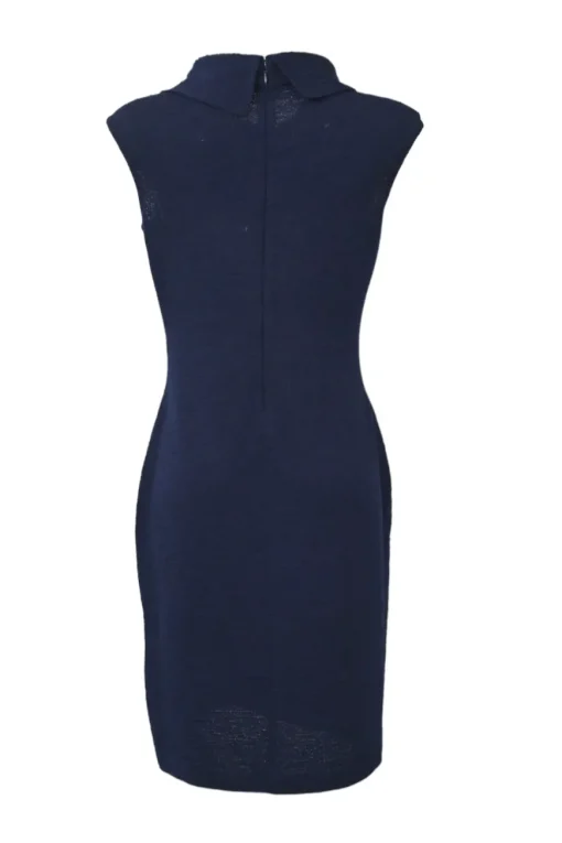 Navy draped wool-blend bouclé knit draped cowl portrait collar sleeveless sheath dress