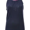Navy embellished cashmere-silk blend shirred tie-neck sleeveless knit blouse featuring multi-colour bead broderie motif