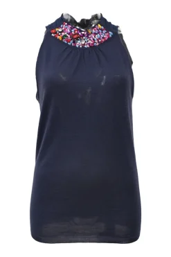 Navy embellished cashmere-silk blend shirred tie-neck sleeveless knit blouse featuring multi-colour bead broderie motif