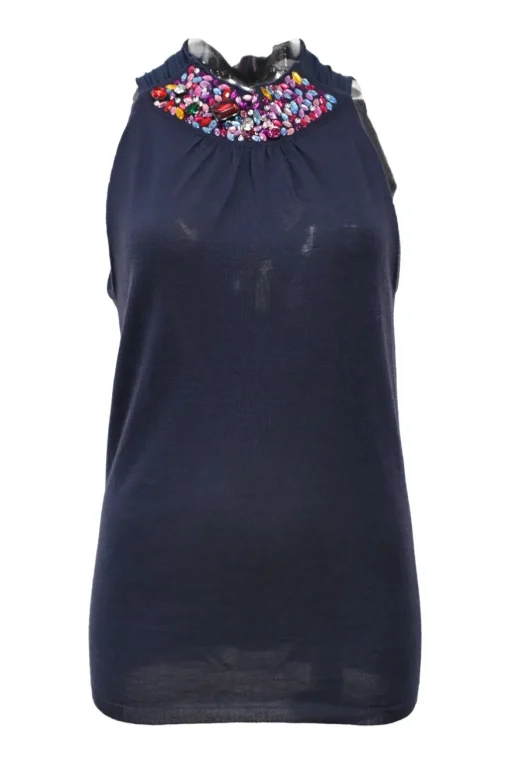 Navy embellished cashmere-silk blend shirred tie-neck sleeveless knit blouse featuring multi-colour bead broderie motif