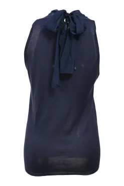 Navy embellished cashmere-silk blend shirred tie-neck sleeveless knit blouse featuring multi-colour bead broderie motif