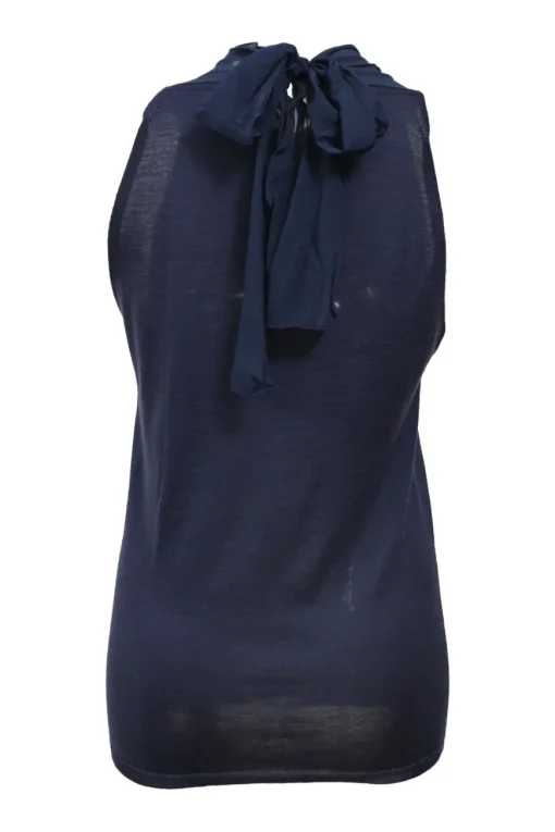 Navy embellished cashmere-silk blend shirred tie-neck sleeveless knit blouse featuring multi-colour bead broderie motif