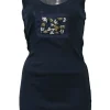 Navy embellished cotton-blend micro rib knit tank top featuring logo bead broderie motif at centre front