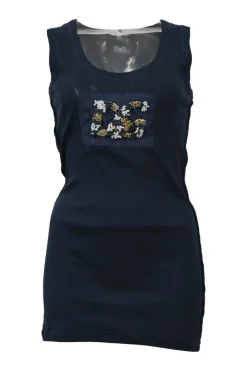 Navy embellished cotton-blend micro rib knit tank top featuring logo bead broderie motif at centre front
