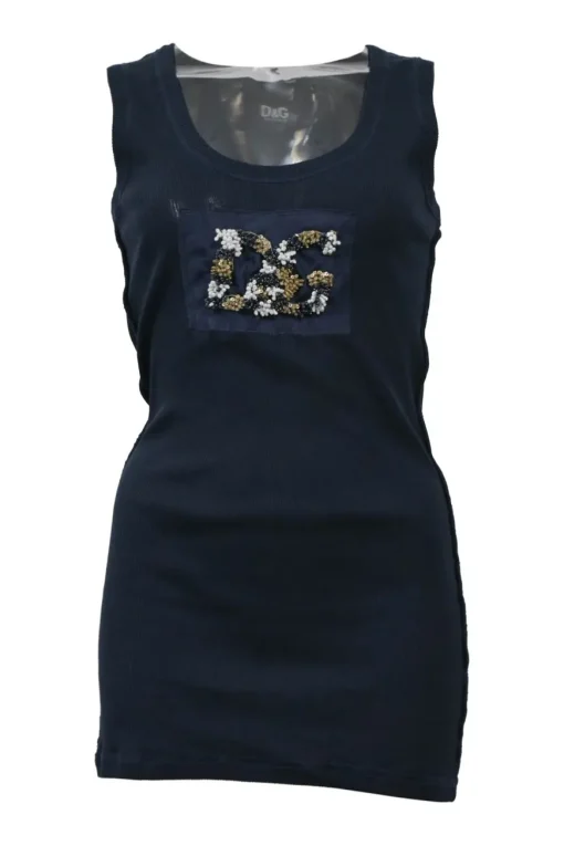 Navy embellished cotton-blend micro rib knit tank top featuring logo bead broderie motif at centre front