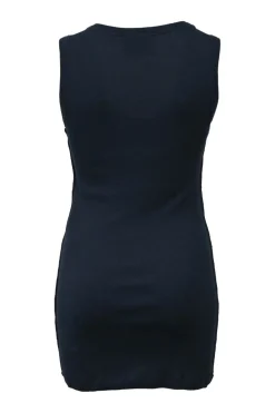Navy embellished cotton-blend micro rib knit tank top featuring logo bead broderie motif at centre front