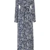 Navy floral print spread collar button-front tie-waist maxi shirt dress