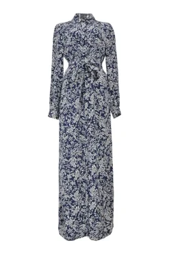 Navy floral print spread collar button-front tie-waist maxi shirt dress