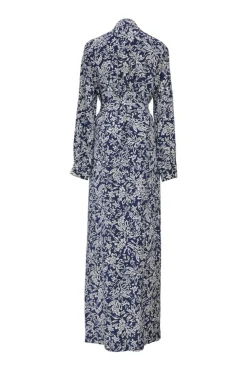 Navy floral print spread collar button-front tie-waist maxi shirt dress