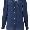 Navy gathered cotton voile off-shoulder button-front shirt with drawstring neckline
