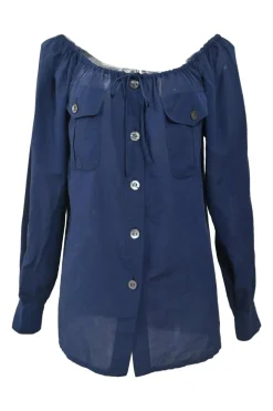 Navy gathered cotton voile off-shoulder button-front shirt with drawstring neckline