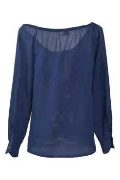 Navy gathered cotton voile off-shoulder button-front shirt with drawstring neckline