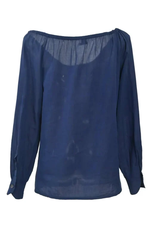 Navy gathered cotton voile off-shoulder button-front shirt with drawstring neckline