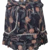 Navy grommet-embellished abstract floral pint ruffled mini skirt