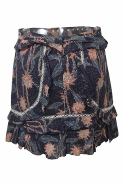 Navy grommet-embellished abstract floral pint ruffled mini skirt