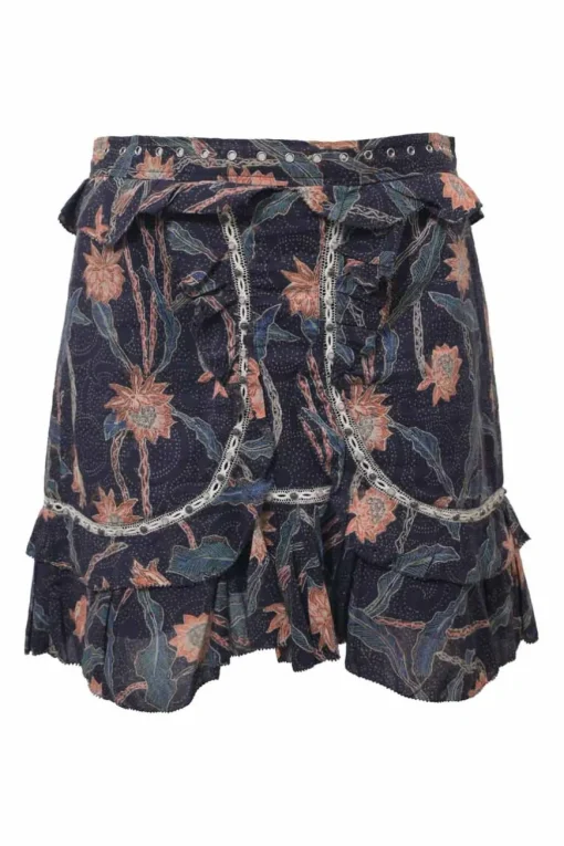 Navy grommet-embellished abstract floral pint ruffled mini skirt