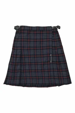 Navy heritage nova check cotton-wool blend wrap pleated skater A-line mini skirt with adjustable leather fastening on waist and decorative silver-tone pin
