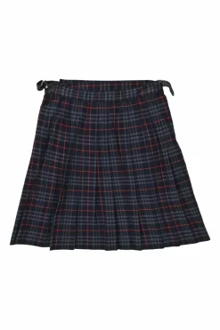 Navy heritage nova check cotton-wool blend wrap pleated skater A-line mini skirt with adjustable leather fastening on waist and decorative silver-tone pin