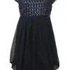 Navy layered sequined polyester mesh bateau neck cap sleeve mini bubble dress with portrait back