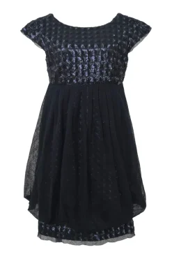 Navy layered sequined polyester mesh bateau neck cap sleeve mini bubble dress with portrait back