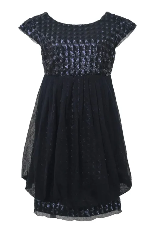 Navy layered sequined polyester mesh bateau neck cap sleeve mini bubble dress with portrait back