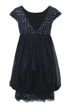 Navy layered sequined polyester mesh bateau neck cap sleeve mini bubble dress with portrait back